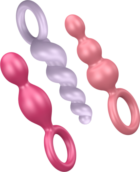 Set treh analnih čepov Satisfyer Booty Call: spiralni, stožčasti in s tremi kroglicami