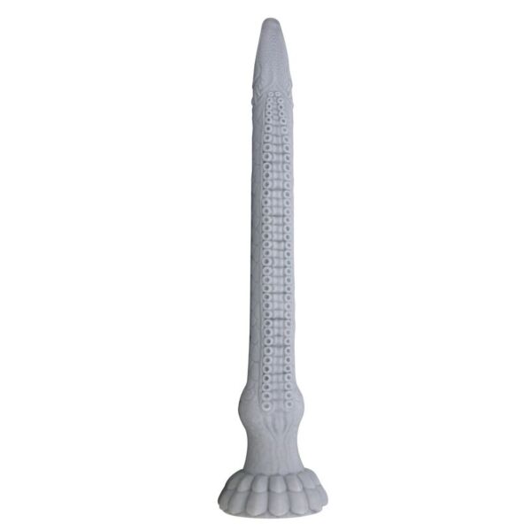 Fantazijski dildo Power Monsters Basilisk iz kamnito sivega silikona z reliefi in podstavkom s priseskom