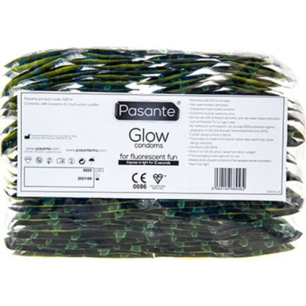 Kondomi Pasante Glow 144, polprosojni in z zelenim sijajem v temi