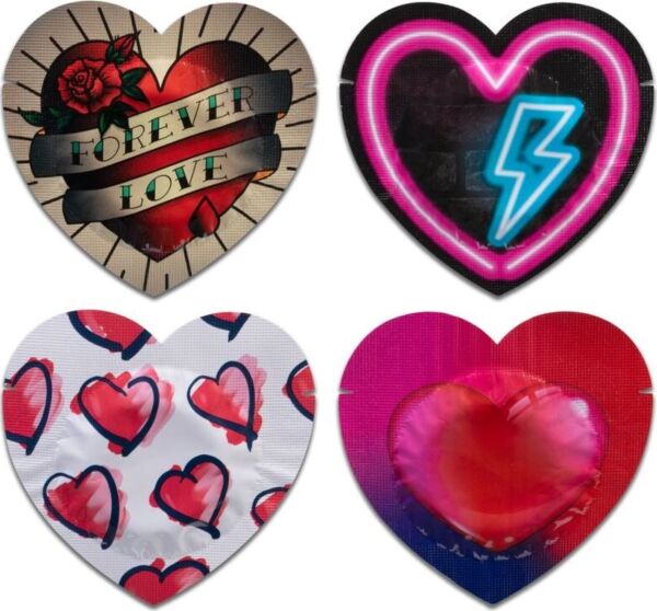 Kondomi Pasante Red Heart Shape 144, rdeči, v ovitkih v obliki srca