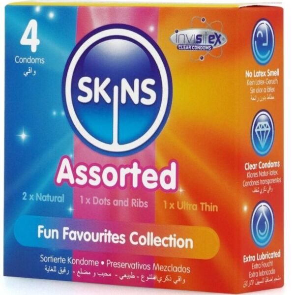 Škatlica kondomov SKINS Mešani s 4 kosi treh vrst