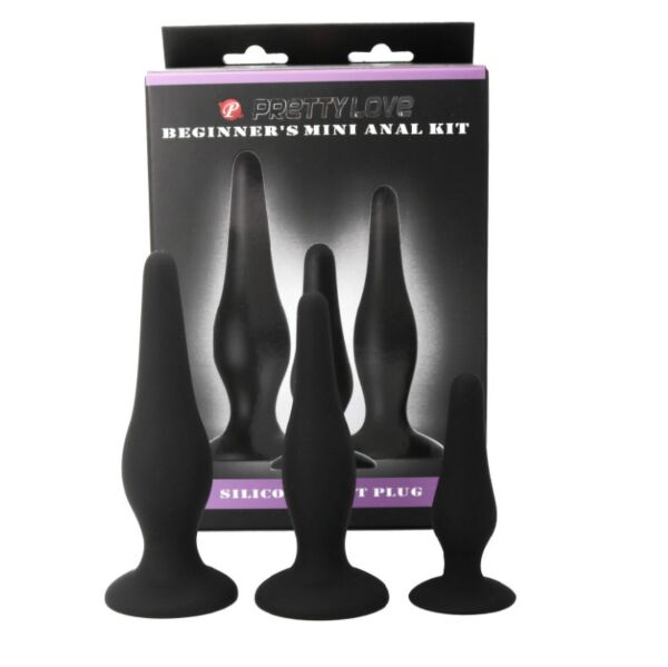 Trije analni čepi iz kompleta Pretty Love Initiation Kit: majhen, srednji in velik