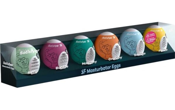 Šest masturbatorjev v obliki jajca iz kompleta Satisfyer Masturbator Egg Set 6 kosov, vsak v drugi barvi