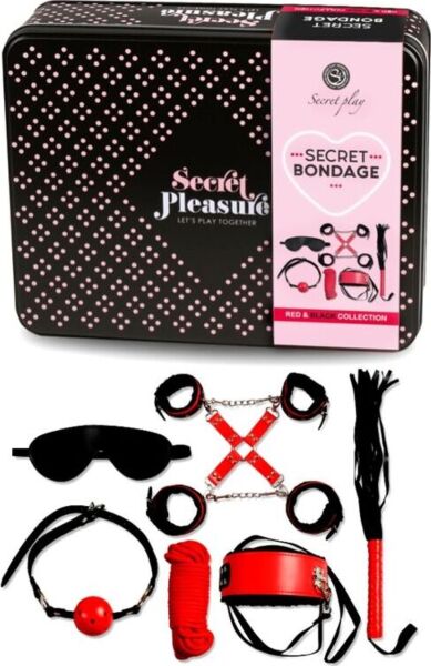 BDSM set Secret Bondage rdeče-črn znamke Secret Play z deli iz umetnega usnja in vrvjo