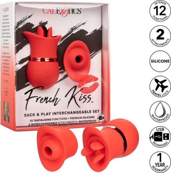 Rdeč sesalni stimulator klitorisa CalExotics French Kiss Suck & Play Set z dvema zamenljivima nastavkoma