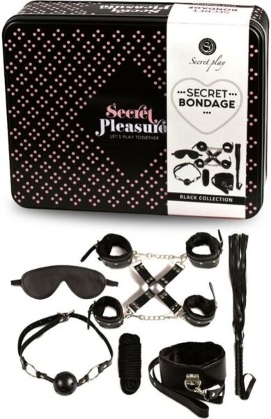 BDSM komplet Secret Play Secret Bondage 8 delov, črn, z lisicami, bičem, kroglico za usta, masko za oči, ovratnico in vrvjo