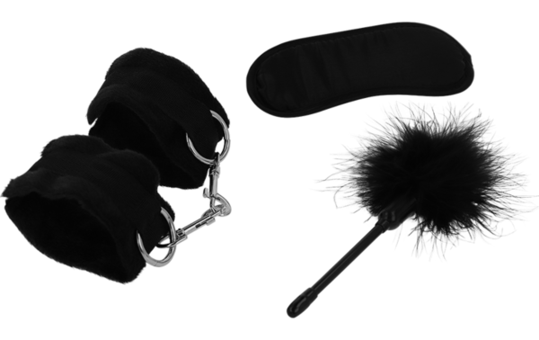 Bondage komplet Intense Fetish z lisicami, prevezo za oči in perjanico