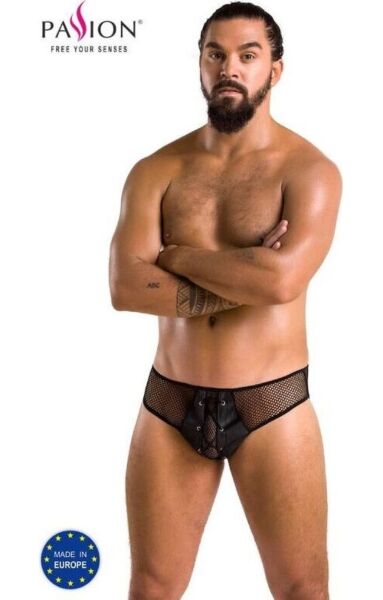 Moški slip Passion Richard iz mrežice in črnega umetnega usnja z vezalko spredaj