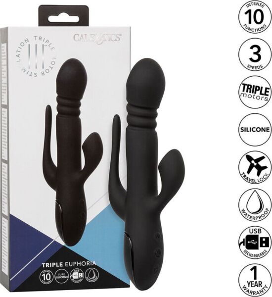 Rabbit vibrator CalExotics Triple Euphoria z vstavnim delom, sesalnim stimulatorjem klitorisa in repkom