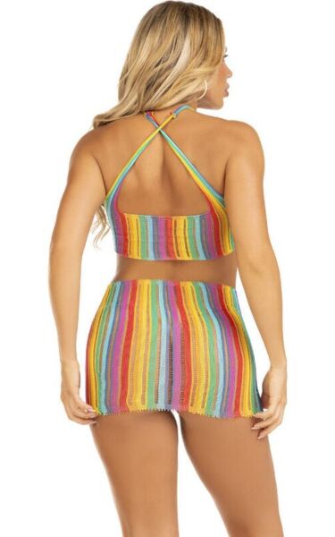 Mini obleka Leg Avenue Technicolor Dream z mavričnimi črtami, s halter vratom in prekrižanimi naramnicami