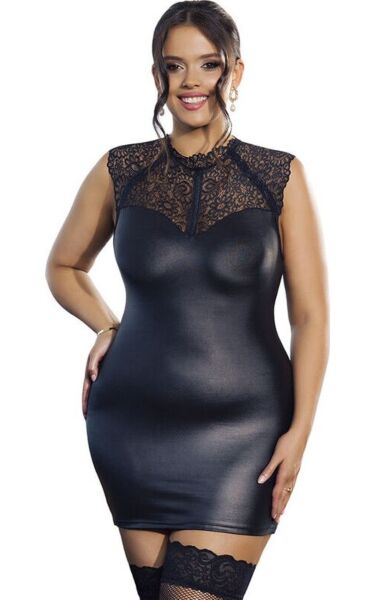 Seksi obleka Subblime Black Lace Leather iz črne čipke z usnjenimi detajli