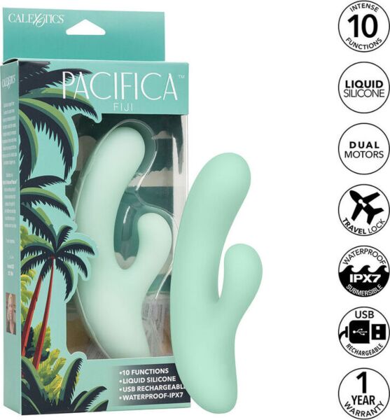 Vibrator za G-točko CalExotics Pacifica Fiji iz prozornega zelenega silikona z ukrivljenim stebлом in drugim stimulatorjem