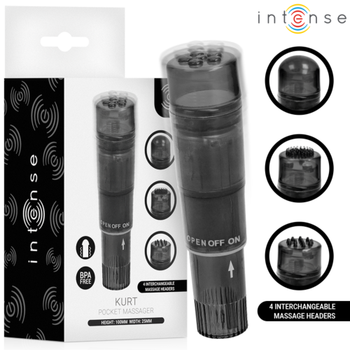 Masažer INTENSE FUN TOYS KURT MINI s 4 zamenljivimi nastavki, črn