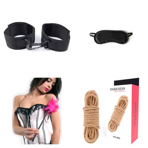 Komplet za nežni bondage za začetnike z lisicami, masko, bičem in vrvjo