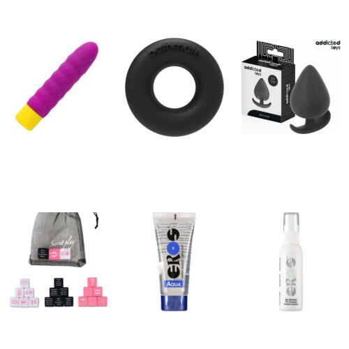 Osnovni komplet spolnih igrač z mini vibratorjem, obročkom, čepom in kockami