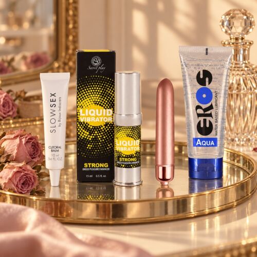 Stimulacijski komplet zanjo z balzamom za klitoris in mini vibratorjem – ambientalni prizor (slika, ustvarjena z UI)