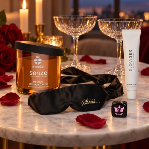 Romantični darilni komplet za valentinovo, obletnico in božič – ambientalni prizor (slika, ustvarjena z UI)