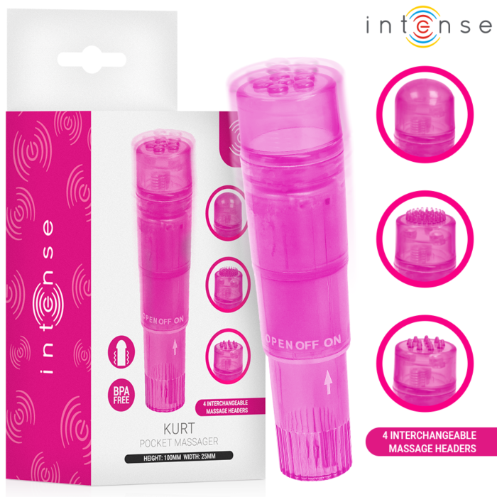 INTENSE FUN TOYS KURT mini vibrator s 4 zamenljivimi nastavki rožnate barve