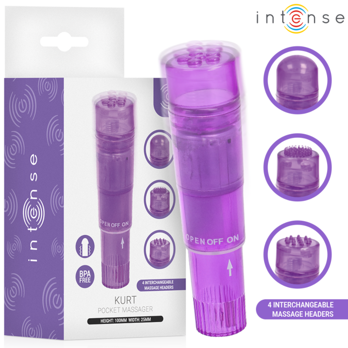 Masažer INTENSE FUN TOYS KURT MINI, vijoličen, s 4 zamenljivimi glavami