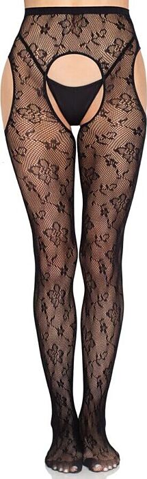 LEG AVENUE - 1967 MEDIAS DE LIGUERO CON RED DE FLORES NEGRO - TALLA ÚNICA