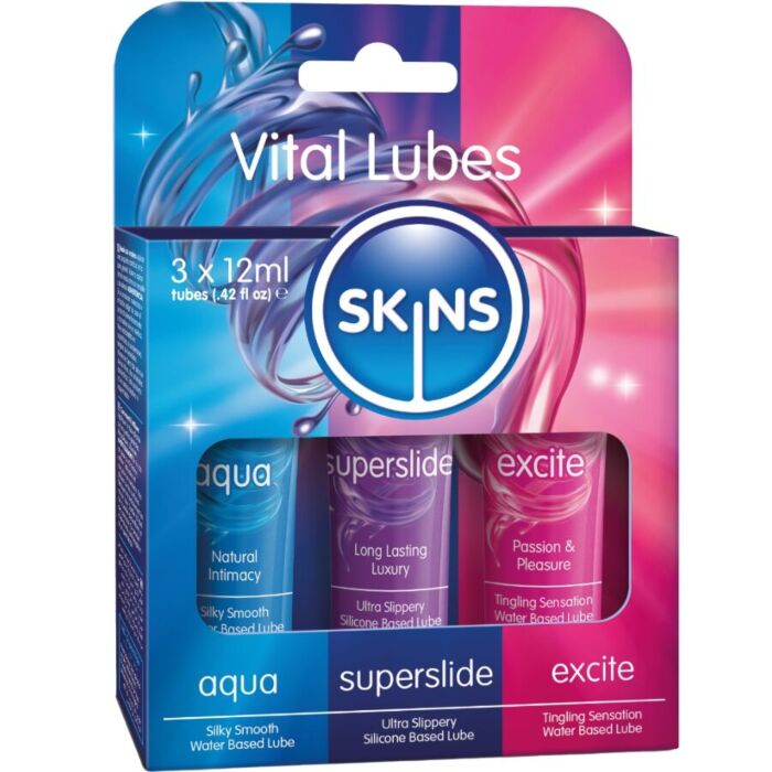 SKINS - VITAL LUBES KIT AQUA, SUPERSLIDE & EXCITE LUBRICANTS 3 x 12 ML SKINS - VITAL LUBES KIT AQUA, SUPERSLIDE & EXCITE LUBRICANTS 3 x 12 ML